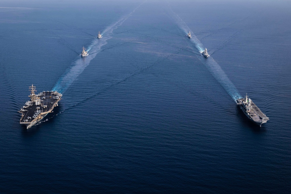 USS Dwight D. Eisenhower Carrier Strike Group Conducts Photoex with ITS Cavour Carrier Strike Group in the Red Sea