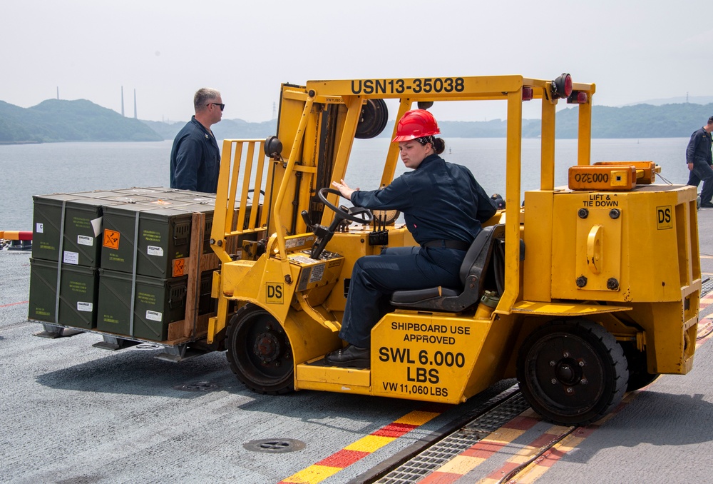 Sailor assigned to the USS America (LHA 6) particpates in a ordnance handling evolution