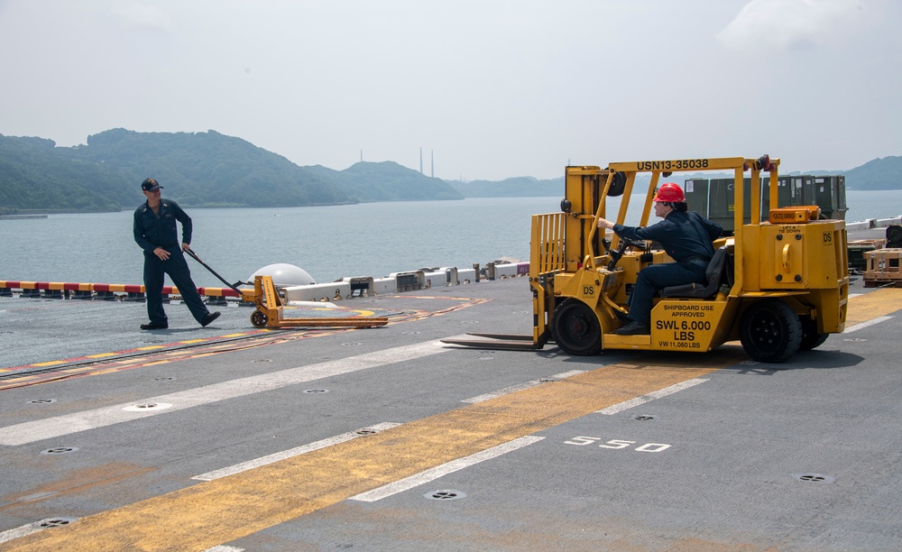 Sailor assigned to the USS America (LHA 6) particpates in a ordnance handling evolution