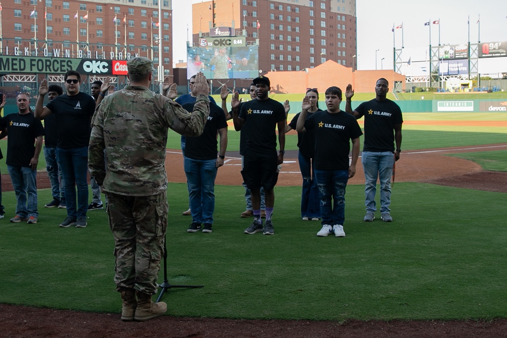 Battalion commander administers oath of enlistment at OKC baseball game