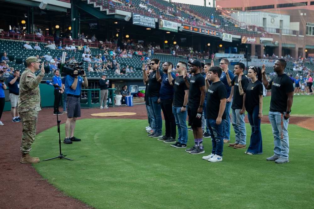 Battalion commander administers oath of enlistment at OKC baseball game