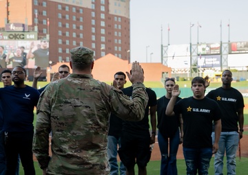 Battalion commander administers oath of enlistment at OKC baseball game
