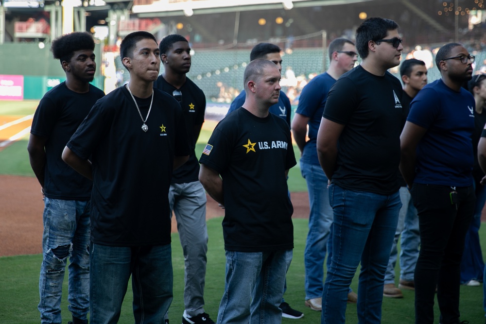 Battalion commander administers oath of enlistment at OKC baseball game