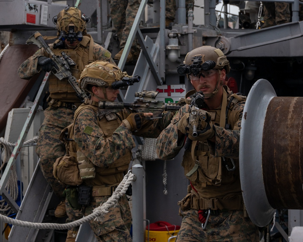 Battalion Landing Team 1/4 conducts a visit, board, search, and seizure exercise aboard the USS Warrior