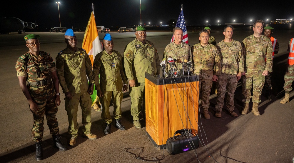 Major General Kenneth Ekman from U.S. Africa Command, and Colonel-Major Mamane Sani Kiaou, Chief of Staff of the Nigerien Army—jointly address the media to mark the commencement of withdrawal operations