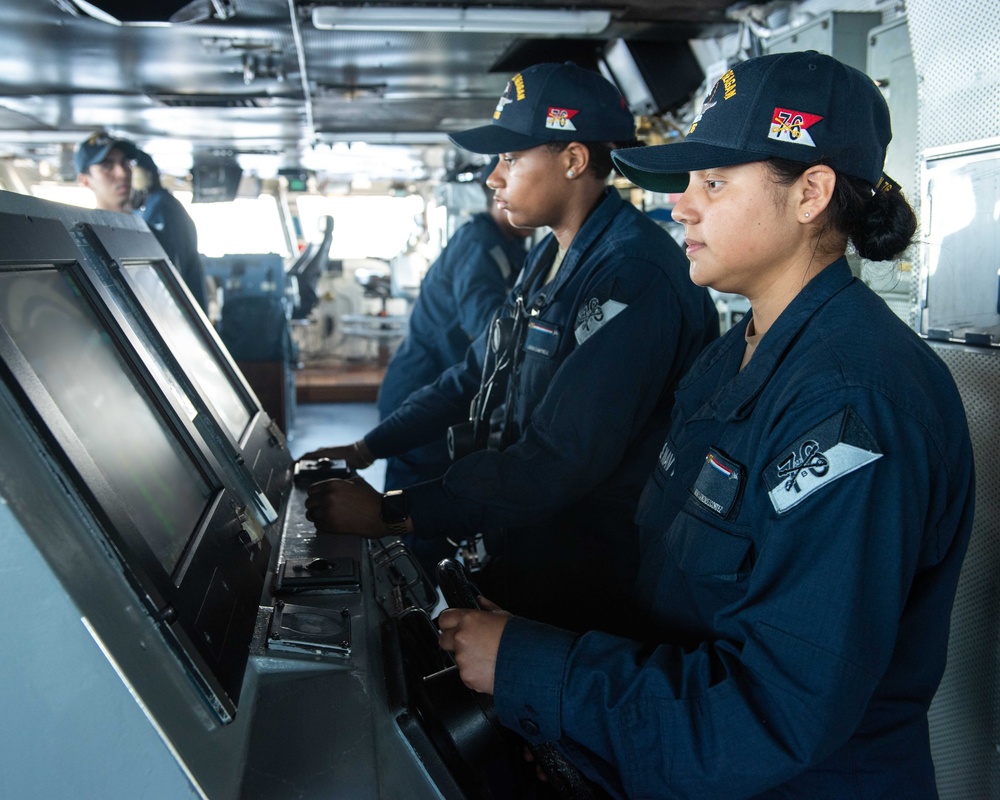 USS Ronald Reagan (CVN 76) Sailors stand watch in the pilot house during flight operations in support of Valiant Shield 2024