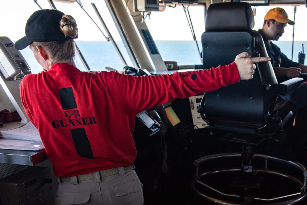 USS Ronald Reagan (CVN 76) Sailors stand watch in the pilot house during flight operations in support of Valiant Shield 2024