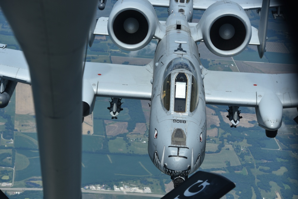 U.S. Air Force A-10 Thunderbolt II refueled by a U.S. Air Force KC-135 Stratotanker