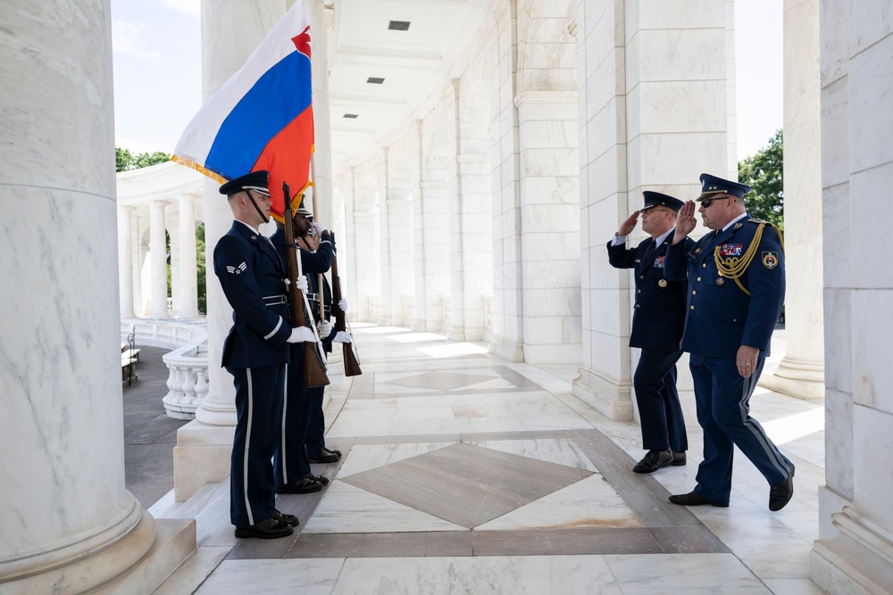 The Commander of the Slovak Air Force Maj. Gen. Róbert Tóth Participates in an Air Force Full Honors Wreath-Laying Ceremony at the Tomb of the Unknown Soldier