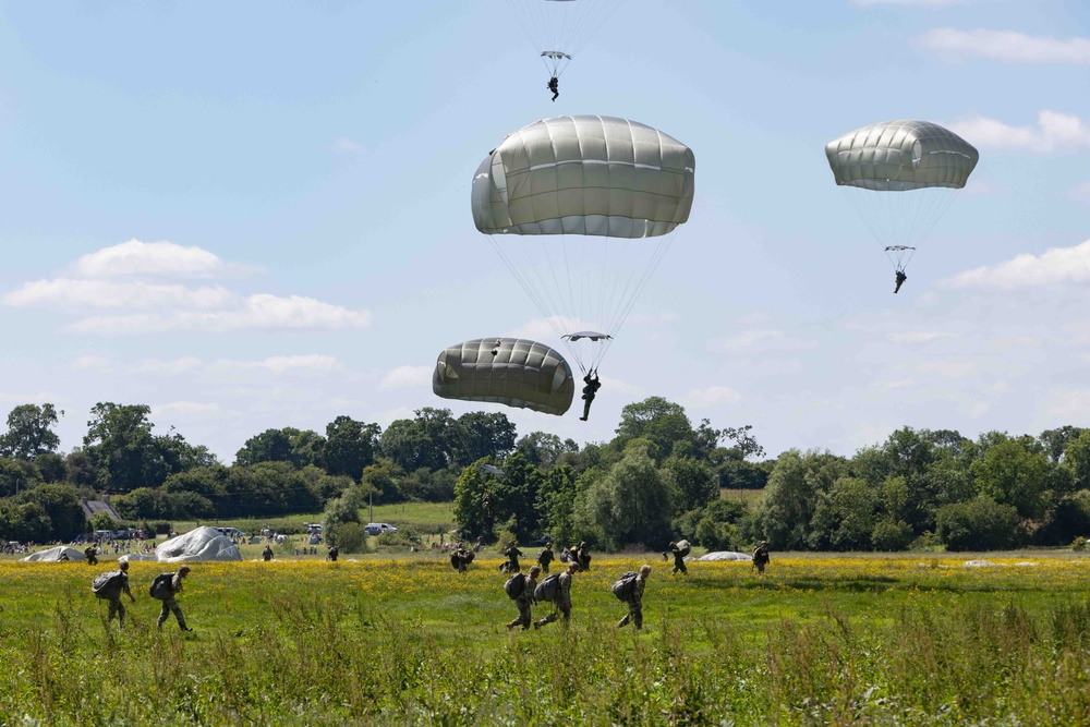 Multi-national paratroopers commemorate D-Day with historic jump into Normandy, France.