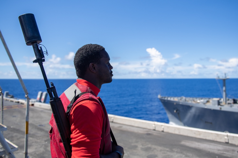 USS Ronald Reagan (CVN 76) conducts a fueling-at-sea and replenishment-at-sea with USNS Rappahannock (T-AO 204) and  USNS Charles Drew (T-AKE-10)