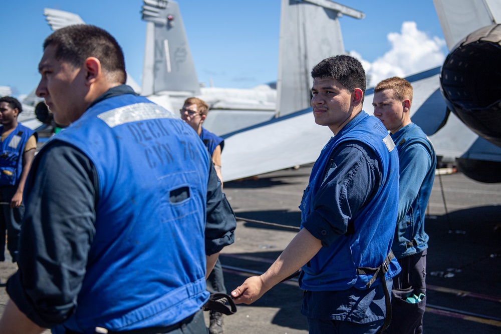 USS Ronald Reagan (CVN 76) conducts a fueling-at-sea and replenishment-at-sea with USNS Rappahannock (T-AO 204) and  USNS Charles Drew (T-AKE-10)