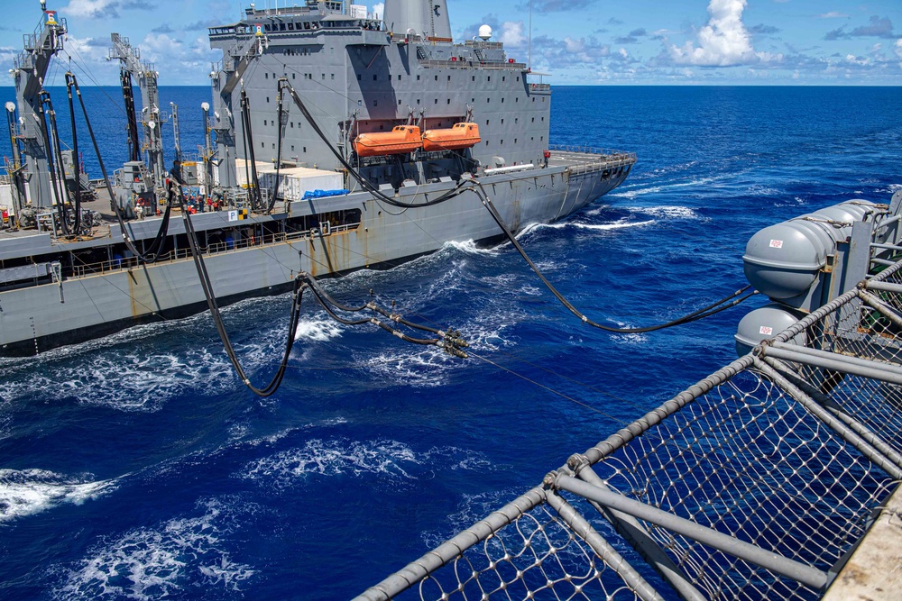 USS Ronald Reagan (CVN 76) conducts a fueling-at-sea and replenishment-at-sea with USNS Rappahannock (T-AO 204) and  USNS Charles Drew (T-AKE-10)