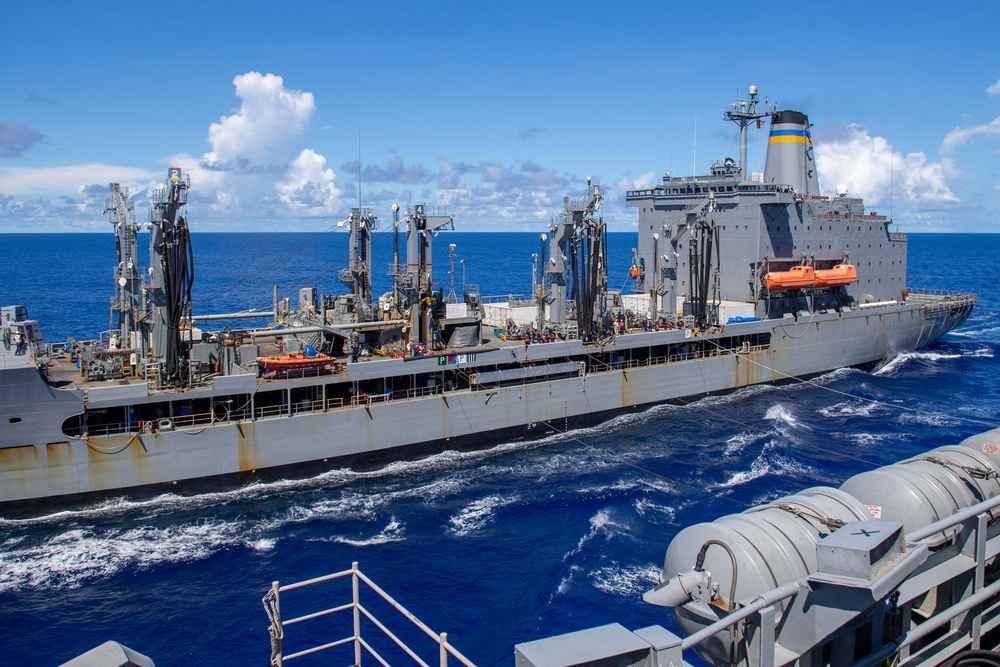 USS Ronald Reagan (CVN 76) conducts a fueling-at-sea and replenishment-at-sea with USNS Rappahannock (T-AO 204) and  USNS Charles Drew (T-AKE-10)