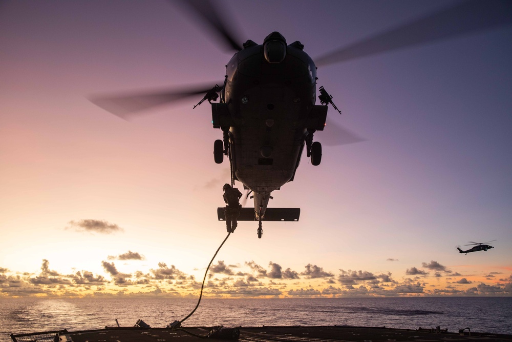 Explosive Ordnance Disposal Mobile Unit 5 fast ropes aboard USS Robert Smalls during Valiant Shield