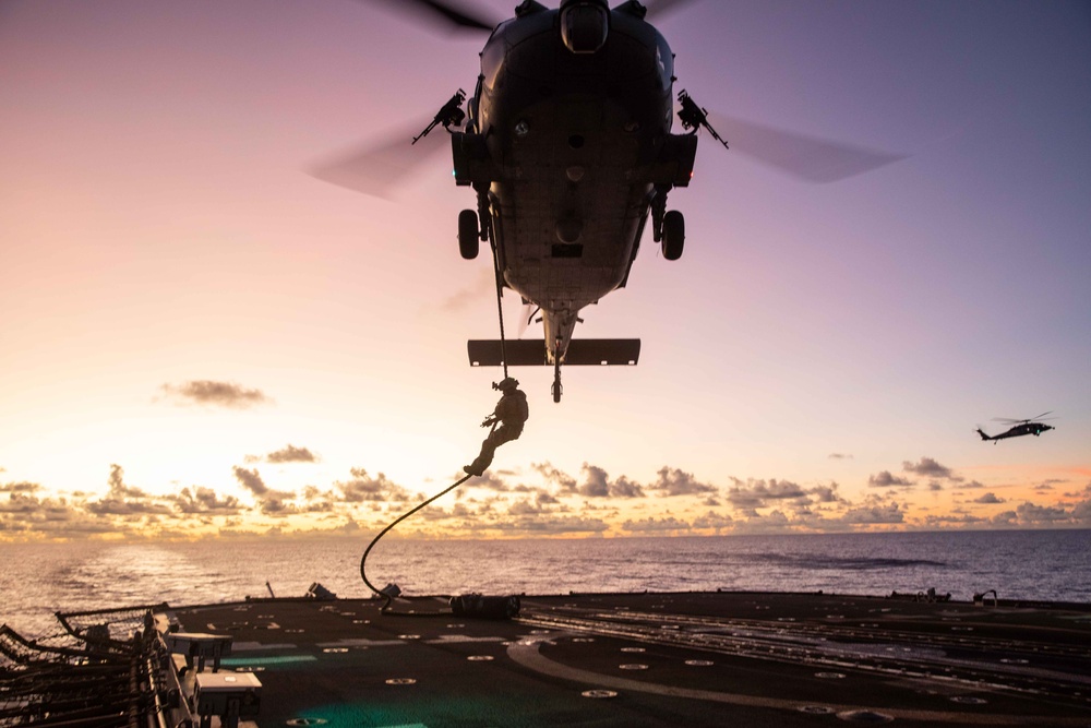 Explosive Ordnance Disposal Mobile Unit 5 fast ropes aboard USS Robert Smalls during Valiant Shield