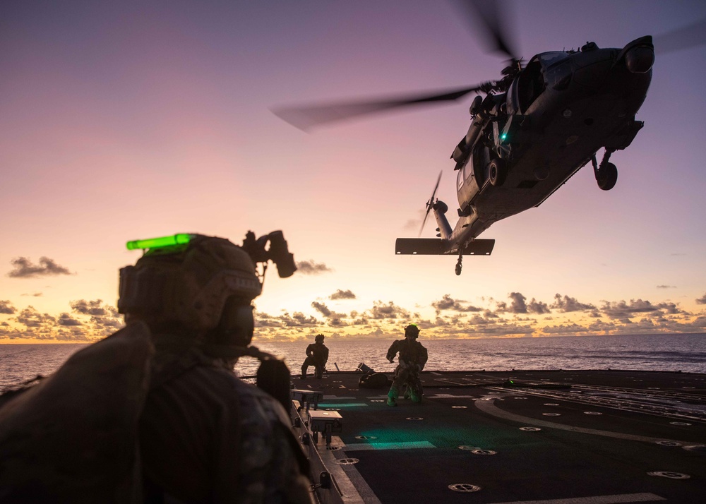 Explosive Ordnance Disposal Mobile Unit 5 fast ropes aboard USS Robert Smalls during Valiant Shield