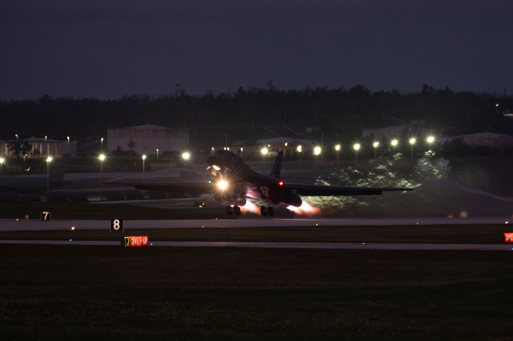37th Expeditionary Bomb Squadron B-1B Lancers takeoff from Andersen AFB during BTF 24-6