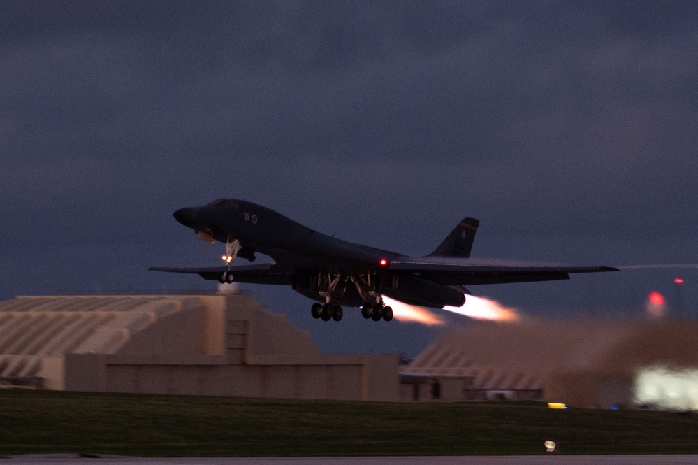 37th Expeditionary Bomb Squadron B-1B Lancers takeoff from Andersen AFB during BTF 24-6