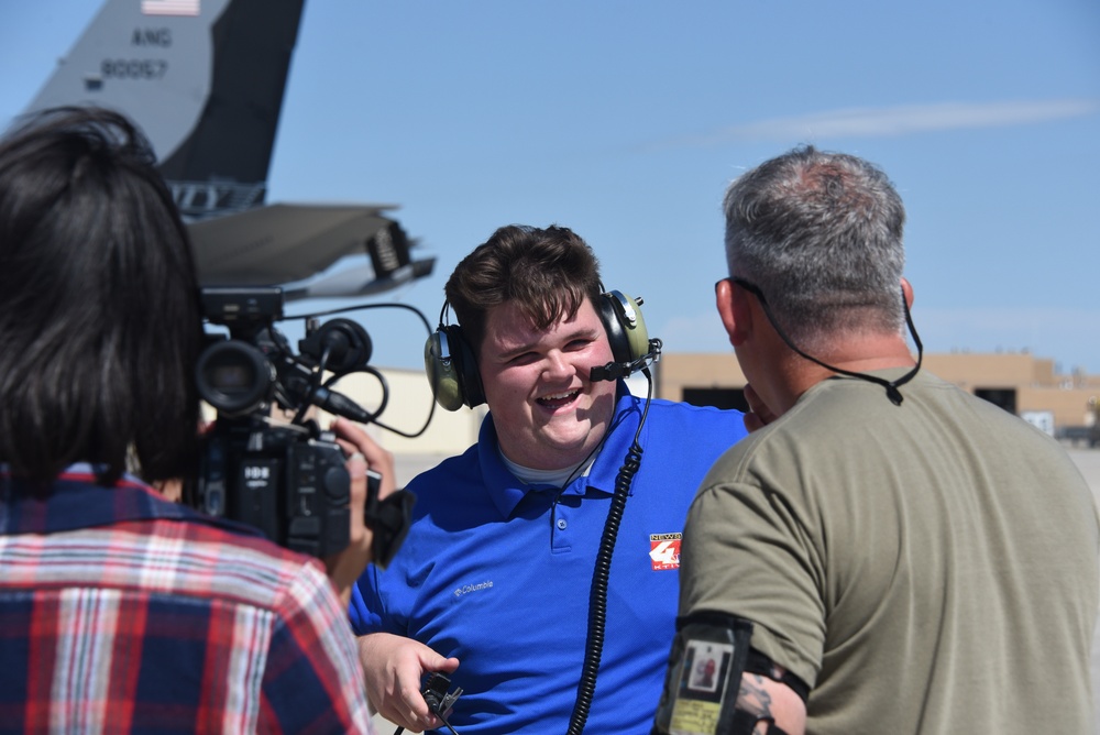 Jacob Howard speaks with Senior Master Sgt. Lance Larson