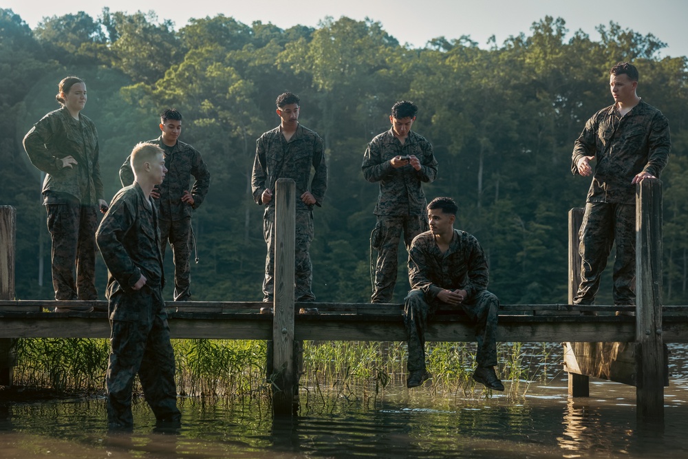 U.S. Marines with the Provost Marshal Office conduct water aggression training with military working dogs