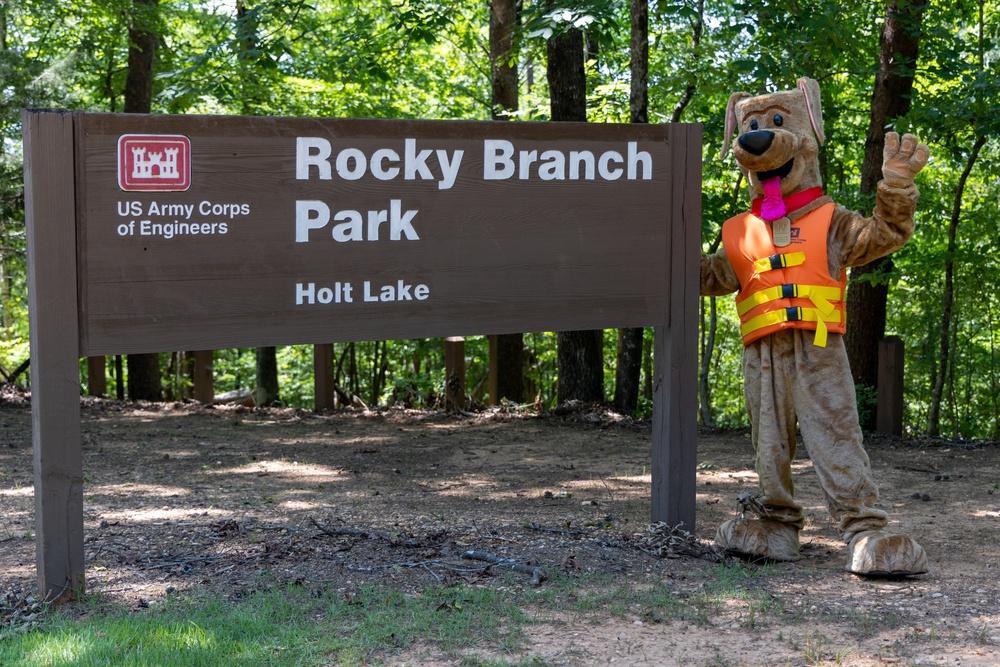 Bobber the Water Safety Dog at Rocky Branch Park Entrance