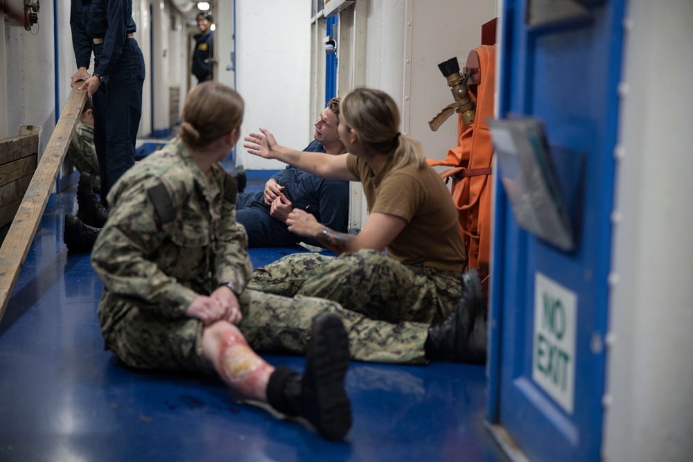 Mass casualty evacuation training aboard USS Mount Whitney (LCC 20)