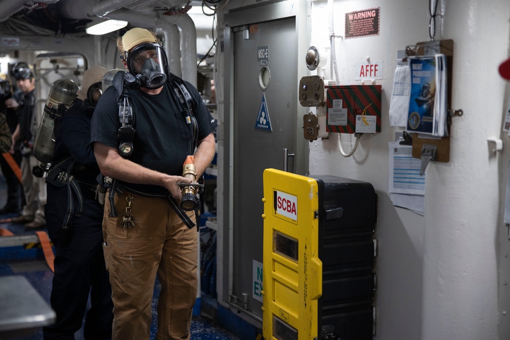 Mass casualty evacuation training aboard USS Mount Whitney (LCC 20)