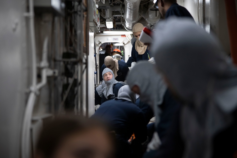 Mass casualty evacuation training aboard USS Mount Whitney (LCC 20)