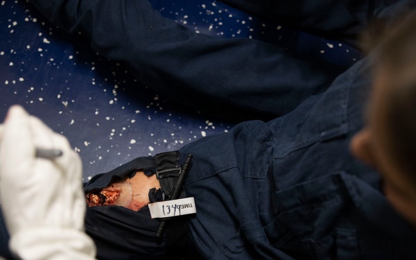 Mass casualty evacuation training aboard USS Mount Whitney (LCC 20)