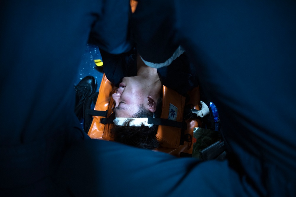 Mass casualty evacuation training aboard USS Mount Whitney (LCC 20)