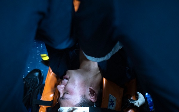 Mass casualty evacuation training aboard USS Mount Whitney (LCC 20)