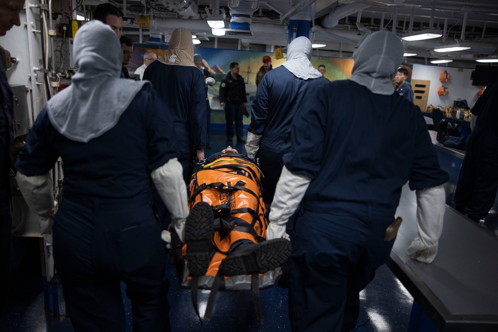 Mass casualty evacuation training aboard USS Mount Whitney (LCC 20)