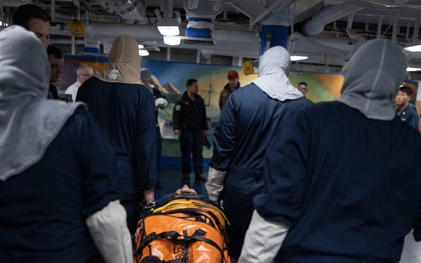Mass casualty evacuation training aboard USS Mount Whitney (LCC 20)