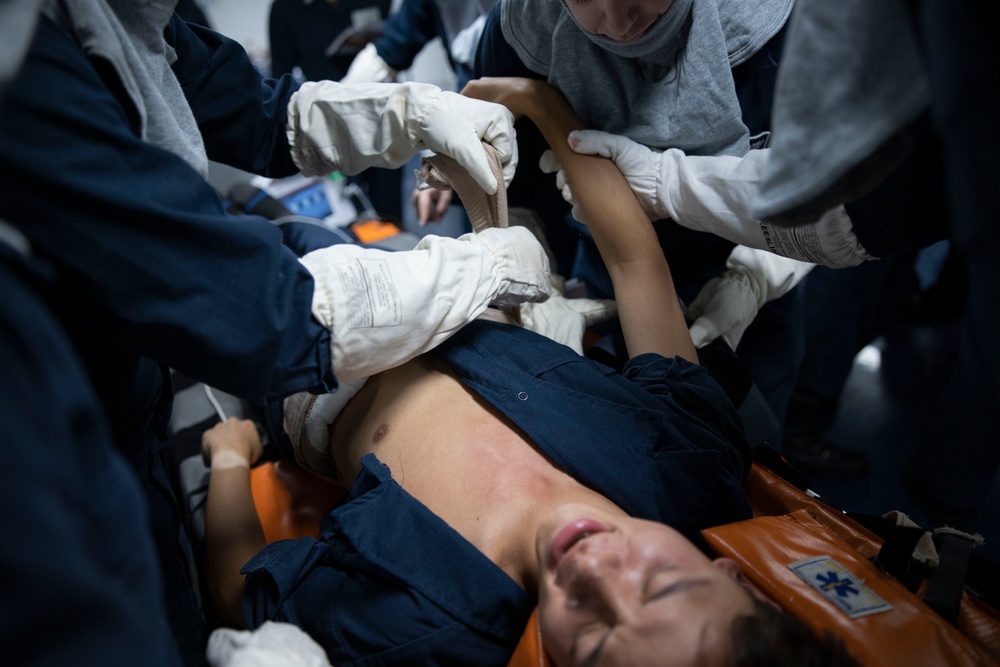 Mass casualty evacuation training aboard USS Mount Whitney (LCC 20)