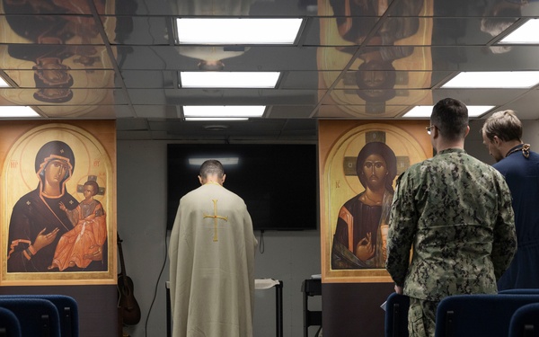 Eastern Orthodox Liturgy service aboard the USS Mount Whitney (LCC 20)