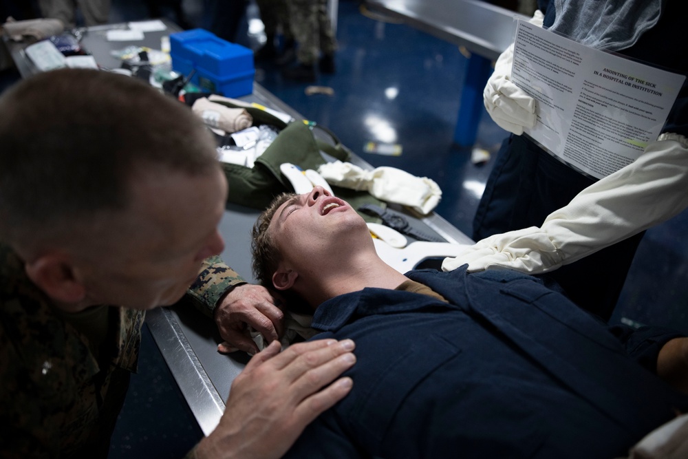 Mass casualty evacuation training aboard USS Mount Whitney (LCC 20)