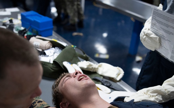 Mass casualty evacuation training aboard USS Mount Whitney (LCC 20)