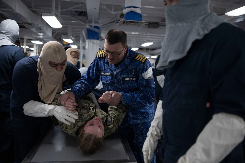 Mass casualty evacuation training aboard USS Mount Whitney (LCC 20)