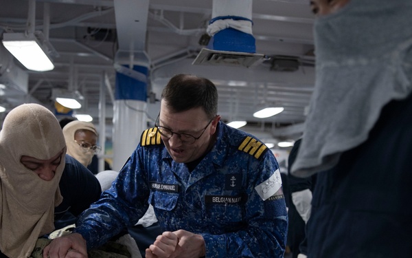 Mass casualty evacuation training aboard USS Mount Whitney (LCC 20)