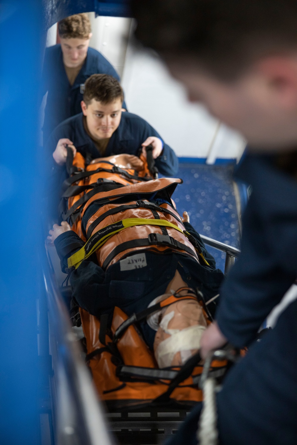 Mass casualty evacuation training aboard USS Mount Whitney (LCC 20)