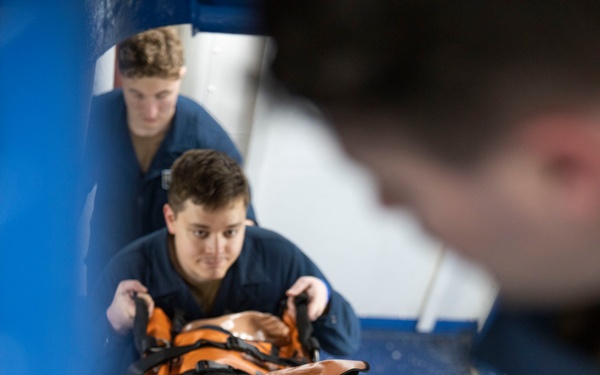 Mass casualty evacuation training aboard USS Mount Whitney (LCC 20)