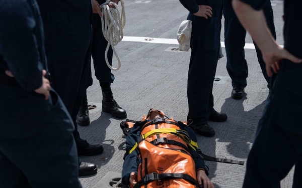 Mass casualty evacuation training aboard USS Mount Whitney (LCC 20)