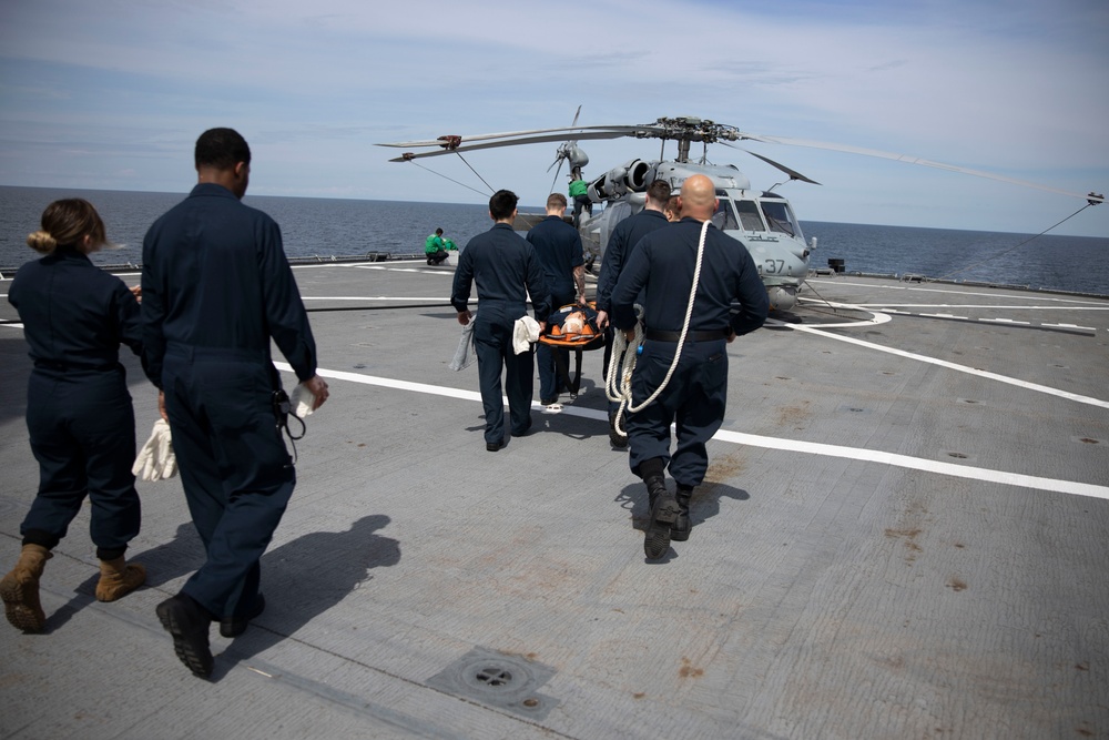 Mass casualty evacuation training aboard USS Mount Whitney (LCC 20)