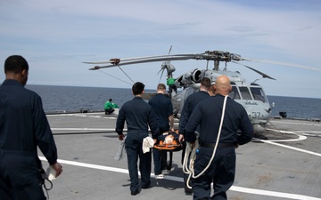 Mass casualty evacuation training aboard USS Mount Whitney (LCC 20)