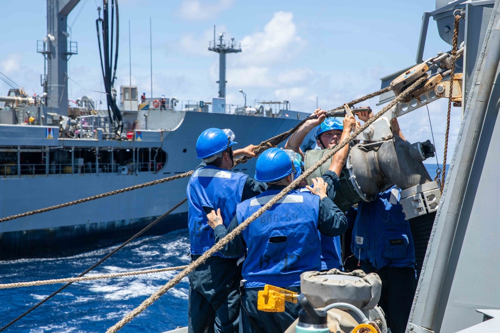 USS Russell (DDG 59) fueling-at-sea with USNS Big Horn (T-AO 198)