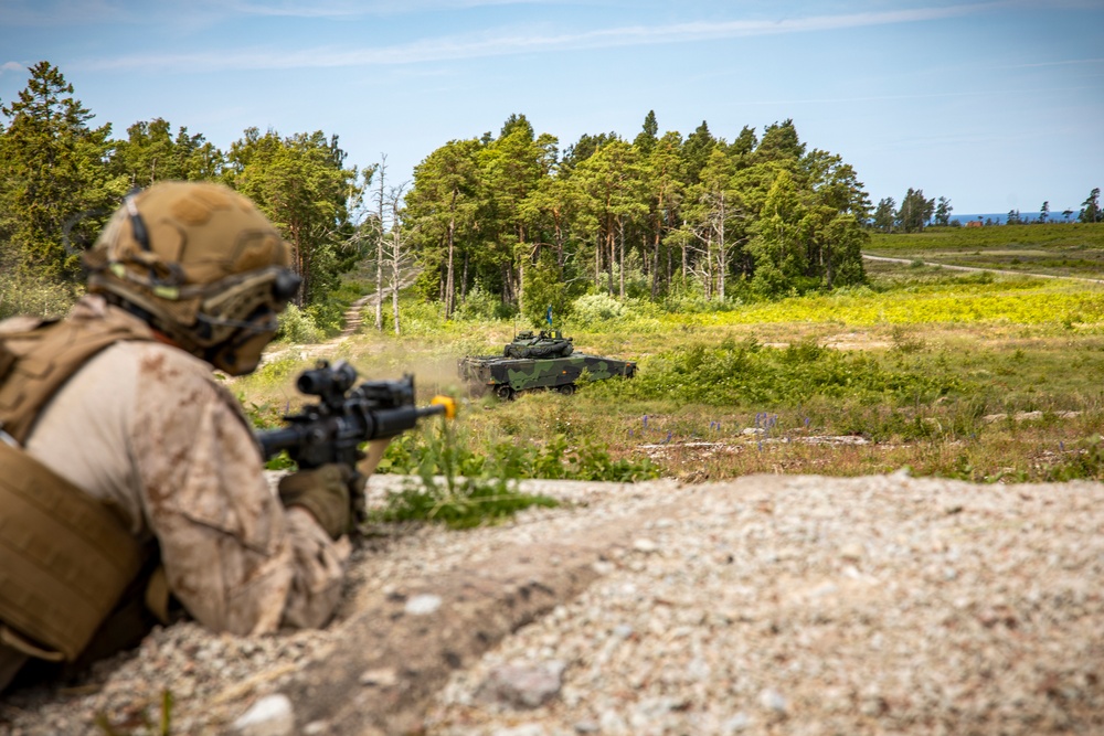 2nd AAB Marines, Swedish 181st Armored Battalion conduct an integrated company level dry-fire and maneuver range in Sweden during BALTOPS 24