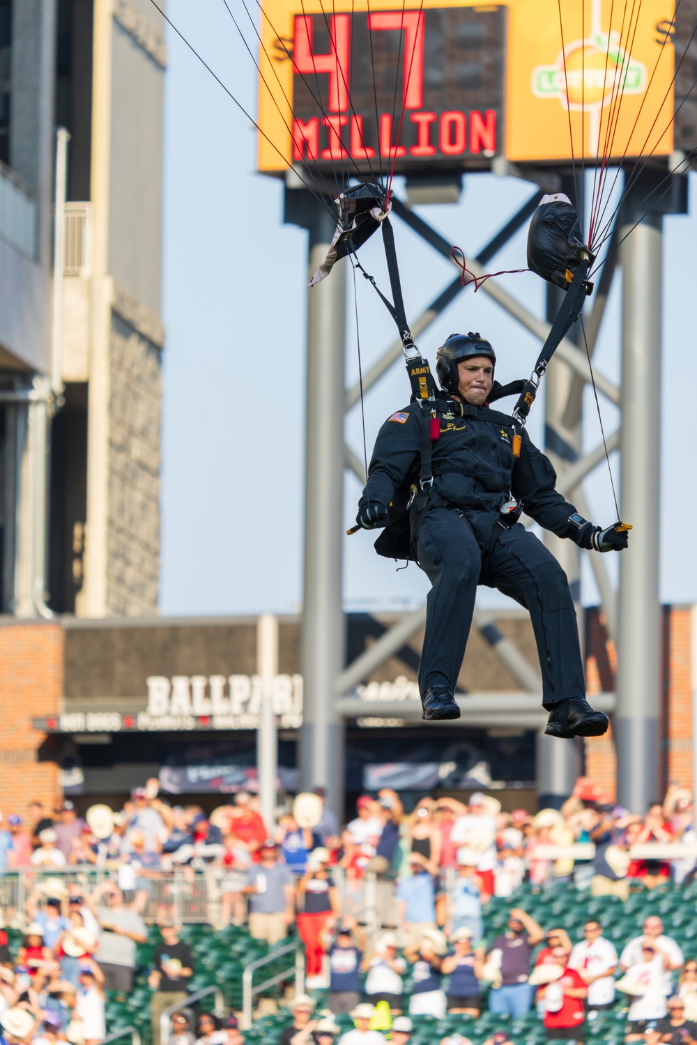 Soldiers from Army Golden Knights jump at Truist Park ahead of Atlanta Braves game