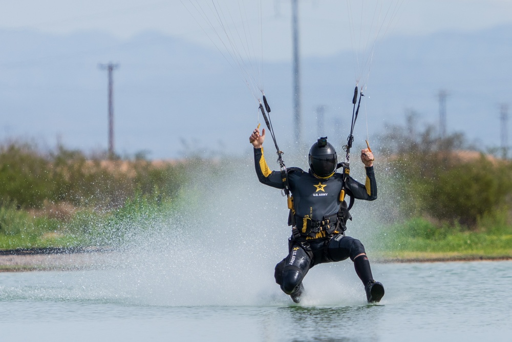 Soldiers from Army Golden Knights train in advanced parachuting discipline