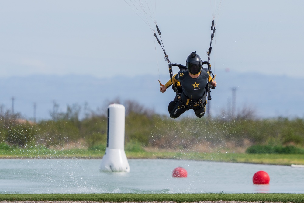Soldiers from Army Golden Knights train in advanced parachuting discipline
